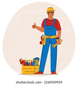 Plunber serviceman - small business illustrations. Uniformed plumber with wrench and toolbox, smiling and showing thumb up. Vector illustration.