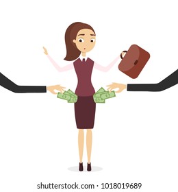 Plunder of money from businesswoman's pockets. Sad and threated woman.