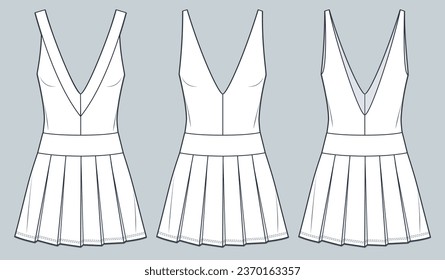 Plunge Dress technical fashion illustration. Pleated Dress fashion flat technical drawing template, deep v-neck, mini length, sleeveless, front, back view, white, women CAD mockup set.