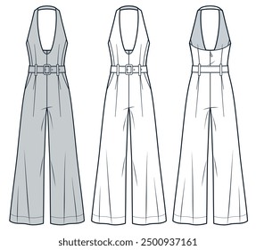 Plunge Jumpsuit technical fashion Illustration. Wide Leg Jumpsuit fashion flat technical drawing template, back, pockets, back zipper, front, back view, white, grey, women, men, unisex CAD mockup set.