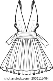 Plunge neck skater dress flat sketch vector illustration