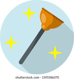 Plunger in blue circle. Drain cleaner. Plumber's tool. Yellow stars shining. orange object. Cartoon flat illustration
