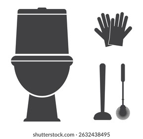 plunger and brush with rubber gloves for clean bathroom toilet icon set