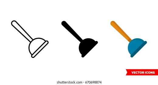 Plunger icon of 3 types: color, black and white, outline. Isolated vector sign symbol.