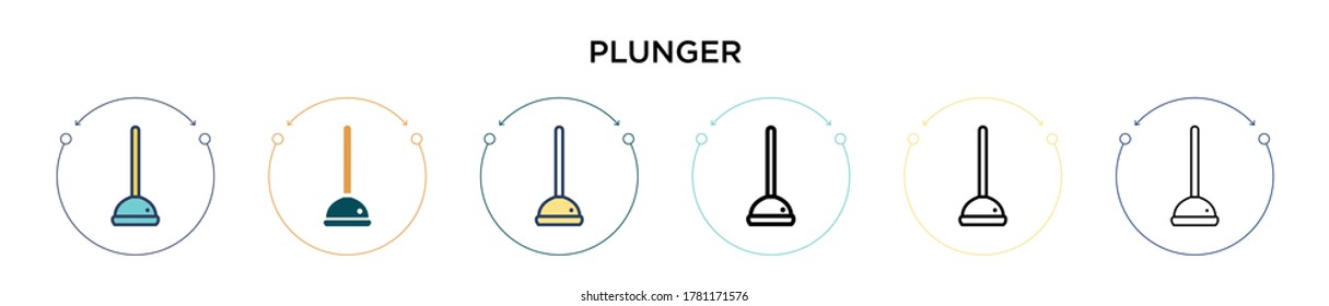 Plunger icon in filled, thin line, outline and stroke style. Vector illustration of two colored and black plunger vector icons designs can be used for mobile, ui, web