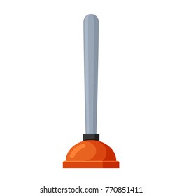 Plunger icon. Rubber suction cup on stick, used to free clogged drains, tool to clear blockages in pipes. Vector flat style cartoon illustration isolated on white background