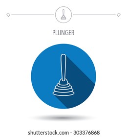 Plunger icon. Toilet cleaning tool sign. Blue flat circle button. Linear icon with shadow. Vector