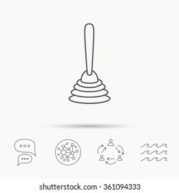 Plunger icon. Toilet cleaning tool sign. Global connect network, ocean wave and chat dialog icons. Teamwork symbol.