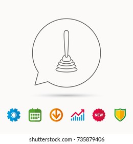 Plunger icon. Toilet cleaning tool sign. Calendar, Graph chart and Cogwheel signs. Download and Shield web icons. Vector