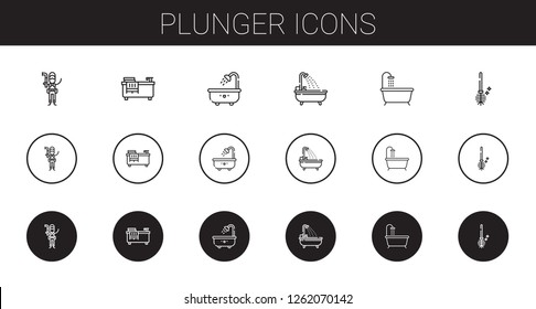 plunger icons set. Collection of plunger with plumber, bathtub, toilet brush. Editable and scalable plunger icons.