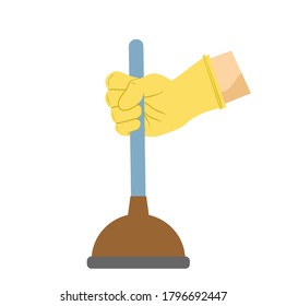 Plunger in man hand. Vector illustration flat design. Isolated on background. Plumber cleans sewer. Repairman is fixing toilet. Cleaner at work.