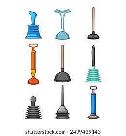 plunger set cartoon. plumber rubber, cleaner cleaning, drain clogged plunger sign. isolated symbol vector illustration