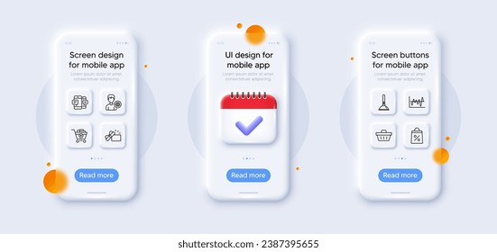 Plunger, Smartphone sms and Remove purchase line icons pack. 3d phone mockups with calendar. Glass smartphone screen. Stock analysis, Support, Shopping bag web icon. Vector