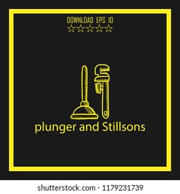 plunger and Stillsons sketch vector icon