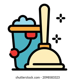 Plunger and toilet cistern icon. Outline plunger and toilet cistern vector icon color flat isolated