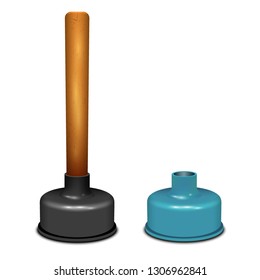 Plunger with wooden handle on the white background. Rubber sink plunger.