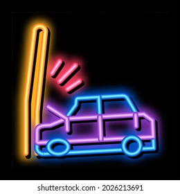 plunging car into pole neon light sign vector. Glowing bright icon plunging car into pole sign. transparent symbol illustration