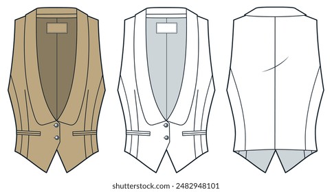 Plunging Jacket technical fashion illustration. Classic Vest Jacket fashion flat technical drawing template, shawl collar, front, back view, white, camel brown, women, men, unisex CAD mockup set.