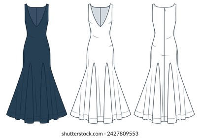 Plunging Maxi Dress technical fashion illustration. Godet Dress fashion flat technical drawing template, slim fit, back zipper, front and back view, white, dark blue, women CAD mockup set.