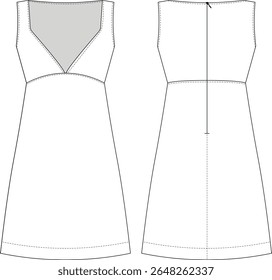 pescoço mergulhando sem mangas zipado solto desleixado pequeno mini joelho comprimento uma linha tenda vestido modelo desenho técnico plano esboço cad maquete moda mulher design estilo modelo 