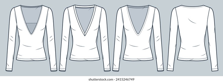 Plunging neckline T-Shirt technical fashion illustration. Long Sleeve Top fashion flat technical drawing template, v-neck, slim fit, front, back view, white, women CAD mockup set.