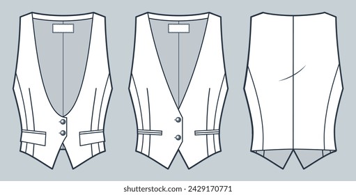 Plunging Vest Jacket technical fashion illustration. Classic Vest Jacket fashion flat technical drawing template, front and back view, white, women, men, unisex CAD mockup set.