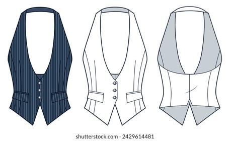 Plunging Vest Jacket technical fashion illustration, striped design. Classic Vest Jacket fashion flat technical drawing template, halter neck, front, back view, white, dark blue, women CAD mockup set.