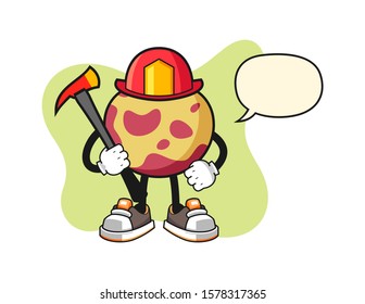 Pluot firefighter with speech bubble cartoon. Mascot Character vector.
