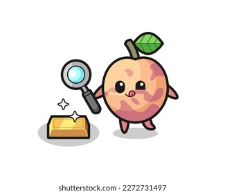 pluot fruit character is checking the authenticity of the gold bullion , cute style design for t shirt, sticker, logo element