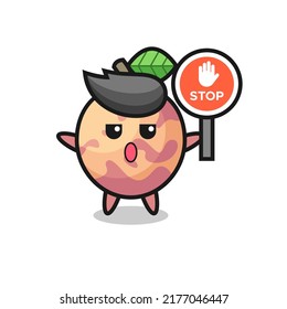 pluot fruit character illustration holding a stop sign , cute style design for t shirt, sticker, logo element
