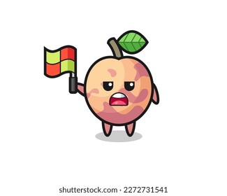 pluot fruit character as line judge putting the flag up , cute style design for t shirt, sticker, logo element