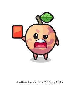 fruta del plutón linda mascota como árbitro que da una tarjeta roja , diseño de estilo lindo para camiseta, pegatina, elemento logo