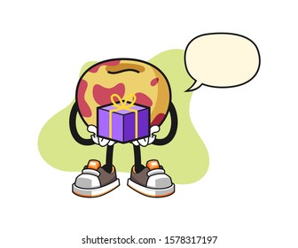 Pluot give a gift with speech bubble cartoon. Mascot Character vector.