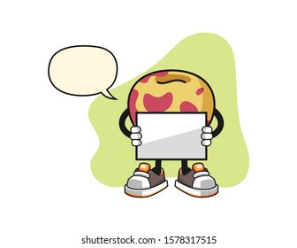 Pluot hold banner with speech bubble cartoon. Mascot Character vector.