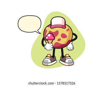 Pluot hold ice cream with speech bubble cartoon. Mascot Character vector.