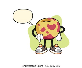 Pluot thumbs down with speech bubble cartoon. Mascot Character vector.