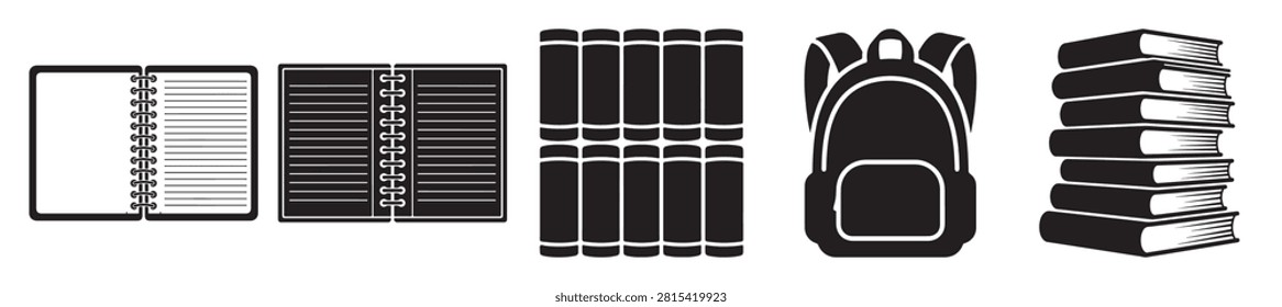 plural books with vibrant covers and black white spines on wooden table with a backpack for study or travel use