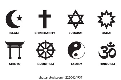 The pluralism icon ; Religion symbol ; Sign of major religious group ; Islam, Christianity, Judaism, Bahai, Shinto, Buddhism, Taoism, Hinduism ; Black and white