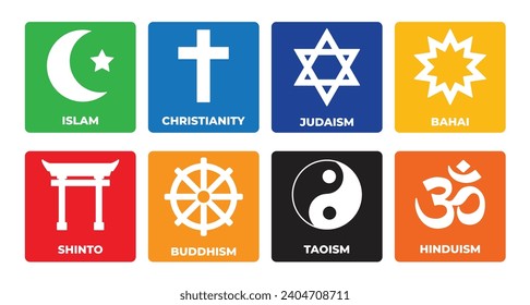 The pluralism of symbols with a colorful grid ; sheet icon of religion symbol islam, christianity, juadaism, bahai, shinto, buddhism, taoism, hinduism