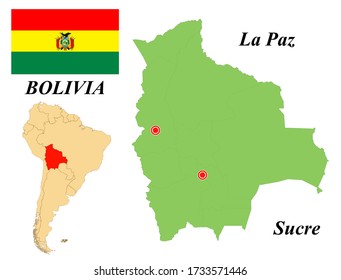 Plurinational State Of Bolivia. The capital is La Paz and Sucre. Flag Of Bolivia. Map of the continent of South America with country borders. Vector graphics.