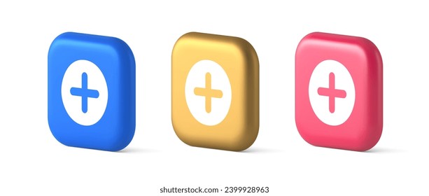 Plus add button mathematical addition symbol 3d realistic blue gold and pink icons. Calculation math user interface panel accounting data positive result web application