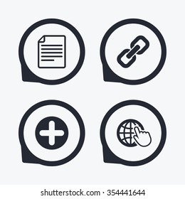 Plus add circle and hyperlink chain icons. Document file and globe with hand pointer sign symbols. Flat icon pointers.