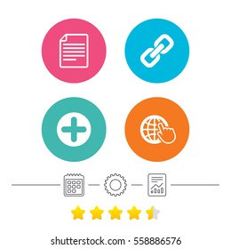 Plus add circle and hyperlink chain icons. Document file and globe with hand pointer sign symbols. Calendar, cogwheel and report linear icons. Star vote ranking. Vector