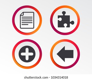 Plus add circle and puzzle piece icons. Document file and back arrow sign symbols. Infographic design buttons. Circle templates. Vector