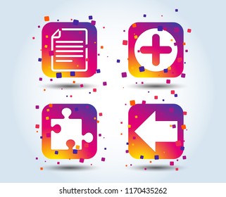 Plus add circle and puzzle piece icons. Document file and back arrow sign symbols. Colour gradient square buttons. Flat design concept. Vector