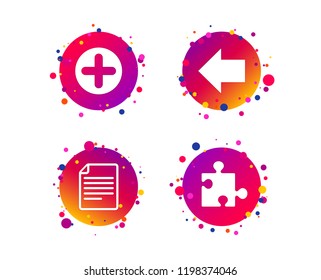 Plus add circle and puzzle piece icons. Document file and back arrow sign symbols. Gradient circle buttons with icons. Random dots design. Puzzle vector