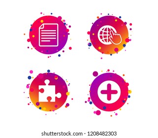 Plus add circle and puzzle piece icons. Document file and globe with hand pointer sign symbols. Gradient circle buttons with icons. Random dots design. Vector