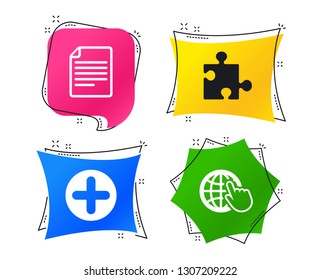 Plus add circle and puzzle piece icons. Document file and globe with hand pointer sign symbols. Geometric colorful tags. Banners with flat icons. Trendy design. Vector