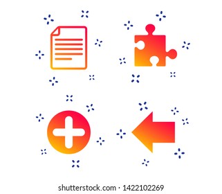 Plus add circle and puzzle piece icons. Document file and back arrow sign symbols. Random dynamic shapes. Gradient puzzle icon. Vector