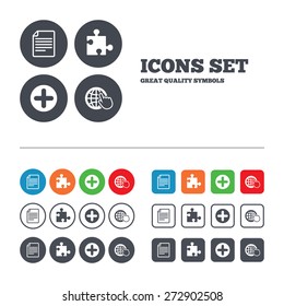 Plus add circle and puzzle piece icons. Document file and globe with hand pointer sign symbols. Web buttons set. Circles and squares templates. Vector